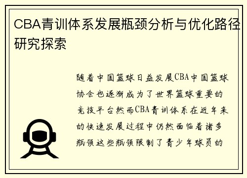 CBA青训体系发展瓶颈分析与优化路径研究探索