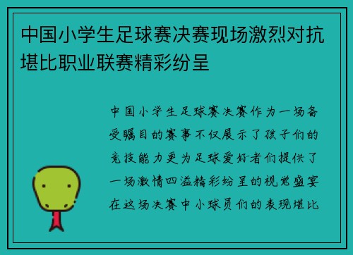中国小学生足球赛决赛现场激烈对抗堪比职业联赛精彩纷呈